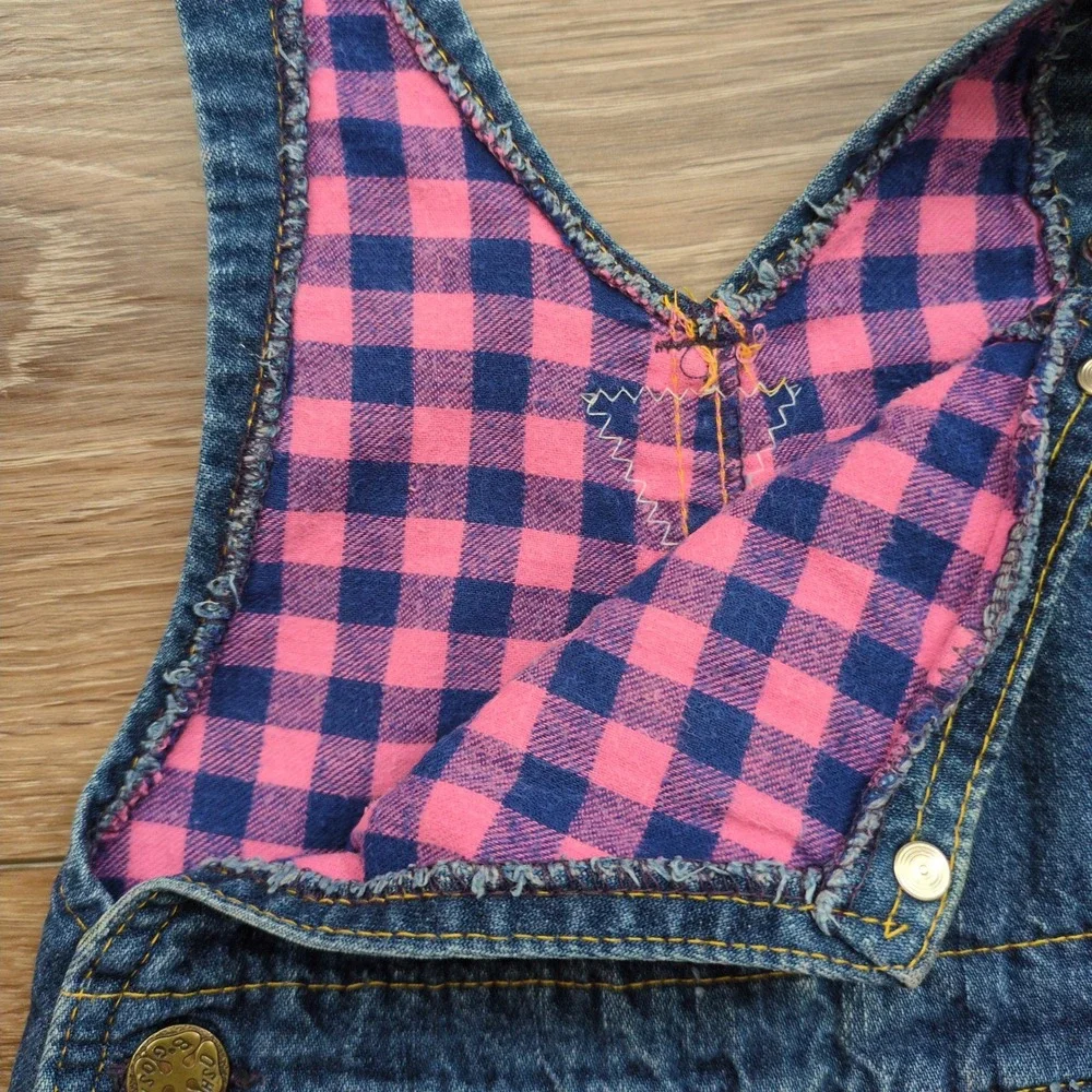 Vtg OshKosh Bgosh Flannel Lined Denim Overalls Blue Pink Plaid Vestbak 18M